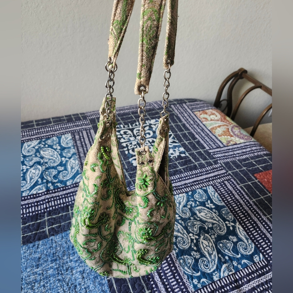 Beaded Green and Cream Women's Bag
